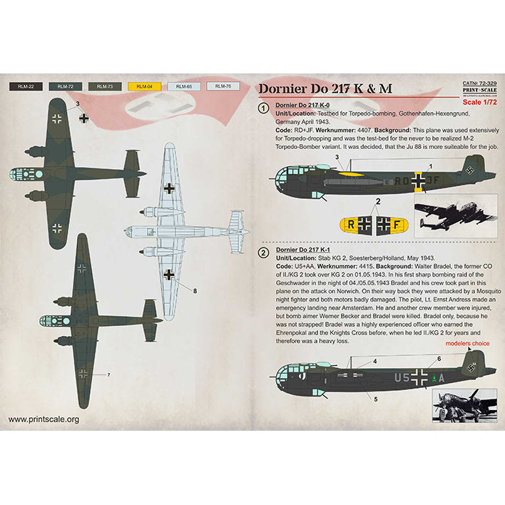 Print Scale 72-329 Decal Dornier Do.217 K&M In the complete set 1.5 sheets Scale 1:72 for Aircraft Plastic model kit