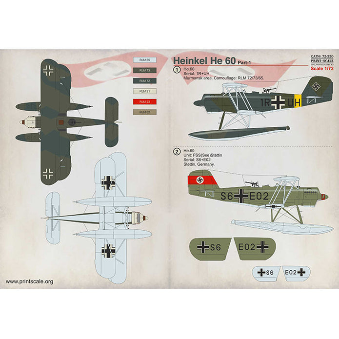 Print Scale 72-330 Decal Heinkel He 60 Part 1 Scale 1:72 for Aircraft Plastic model kit