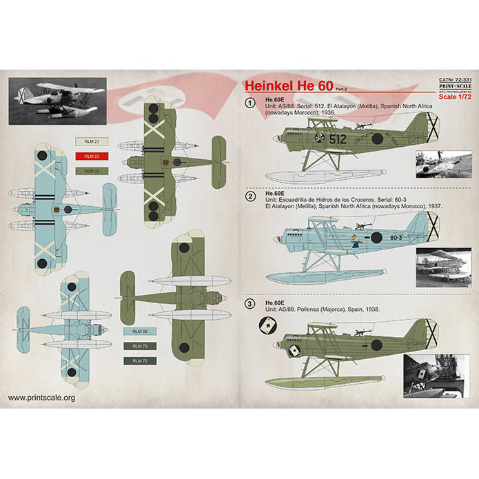 Print Scale 72-331 Decal Heinkel He 60 Part 2 Scale 1:72 for Aircraft Plastic model kit