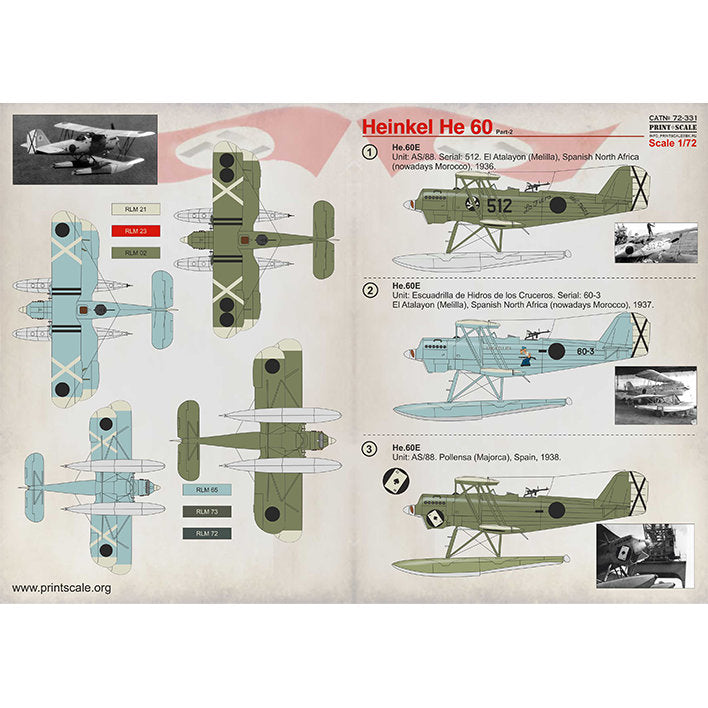 Print Scale 72-331 Decal Heinkel He 60 Part 2 Scale 1:72 for Aircraft Plastic model kit