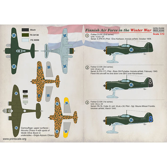 Print Scale 72-332 Decal Finnish Air Force in the Winter war Scale 1:72 for Aircraft Plastic model kit