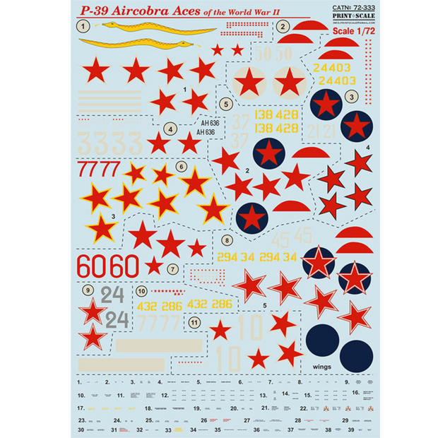 Print Scale 72-333 Decal P-39 Aircobra Top Pilots of the World War II Scale 1:72 for Aircraft Plastic model kit