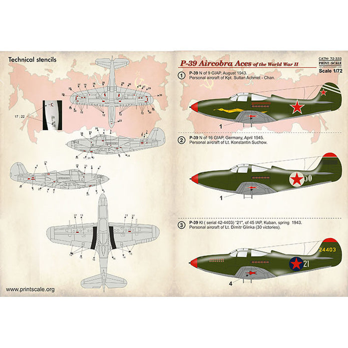 Print Scale 72-333 Decal Р-39 Aircobra Aces of the World War II Scale 1:72 for Aircraft Plastic model kit