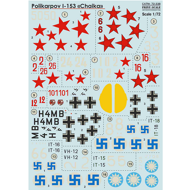 Print Scale 72-338 Decal Polikarpov I-153 Chaika Scale 1:72 for Aircraft Plastic model kit