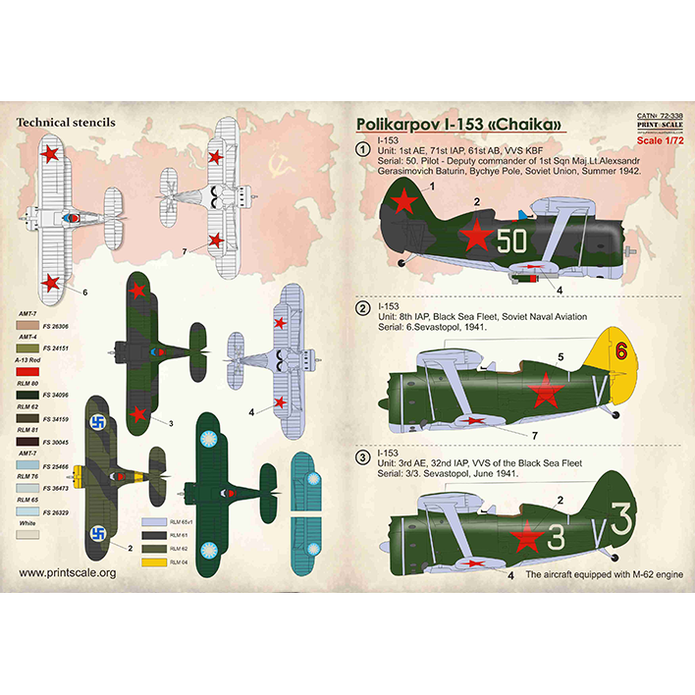 Print Scale 72-338 Decal Polikarpov I-153 Chaika Scale 1:72 for Aircraft Plastic model kit