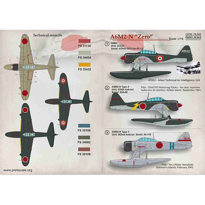 Print Scale 72-343 Decal Nakajima A6M2-N Scale 1:72 for Aircraft Plastic model kit