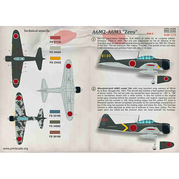 Print Scale 72-344 Decal A6M2- A6M3 "Zero" Part 2 Scale 1:72 for Aircraft Plastic model kit
