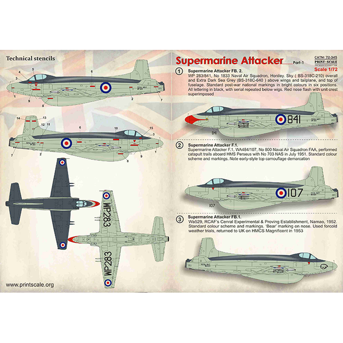Print Scale 72-345 Decal Supermarine Attaker Part 1 Scale 1:72 for Aircraft Plastic model kit