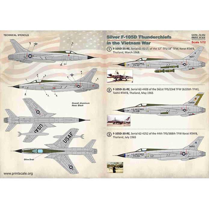 Print Scale 72-352 Decal Silver F-105D Thunderchiefs in the Viet nam War Scale 1:72 for Aircraft Plastic model kit