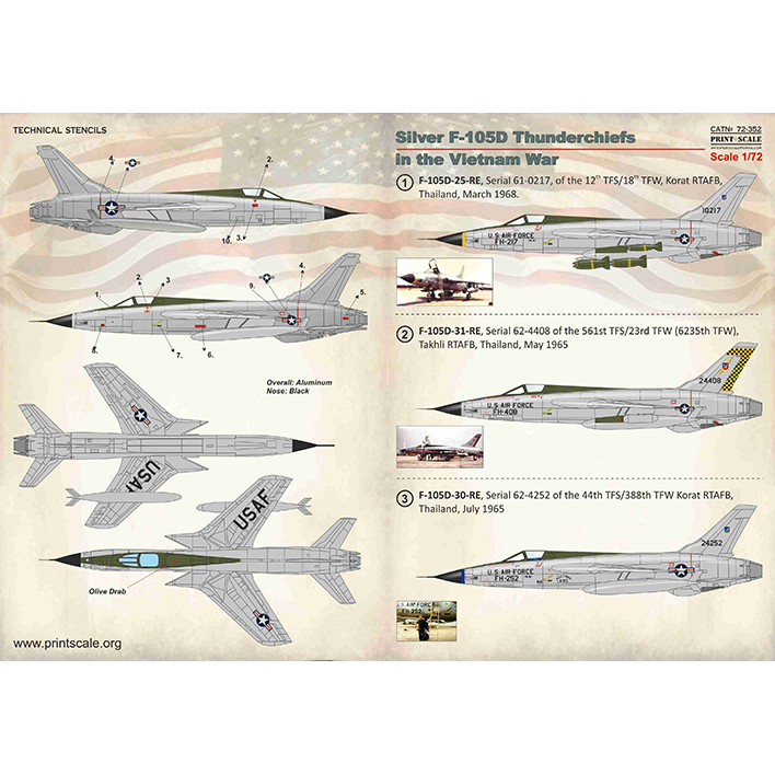 Print Scale 72-352 Decal Silver F-105D Thunderchiefs in the Viet nam War Scale 1:72 for Aircraft Plastic model kit