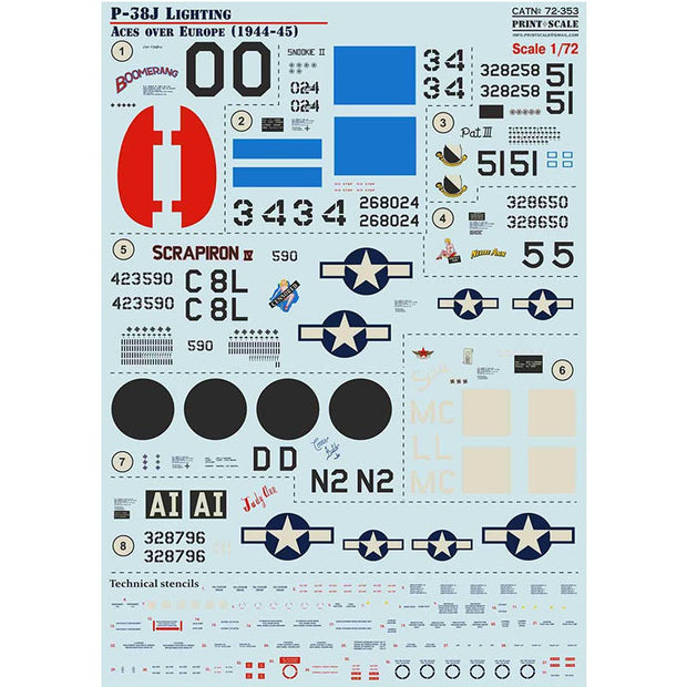 Print Scale 72-353 Decal P-38J Lighting Aces over Europe 1944-1945 Scale 1:72 for Aircraft Plastic model kit