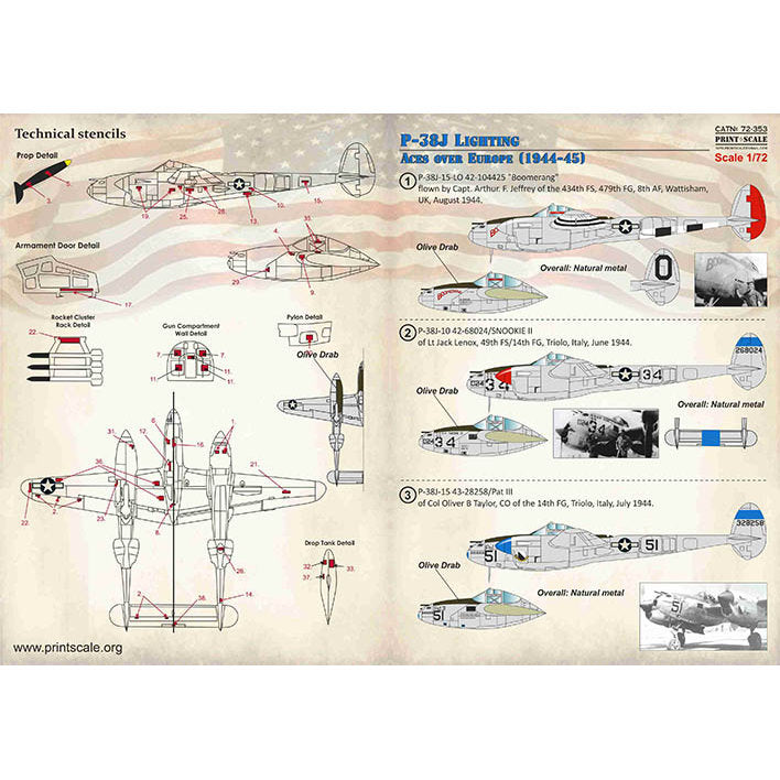 Print Scale 72-353 Decal P-38J Lighting Aces over Europe 1944-1945 Scale 1:72 for Aircraft Plastic model kit