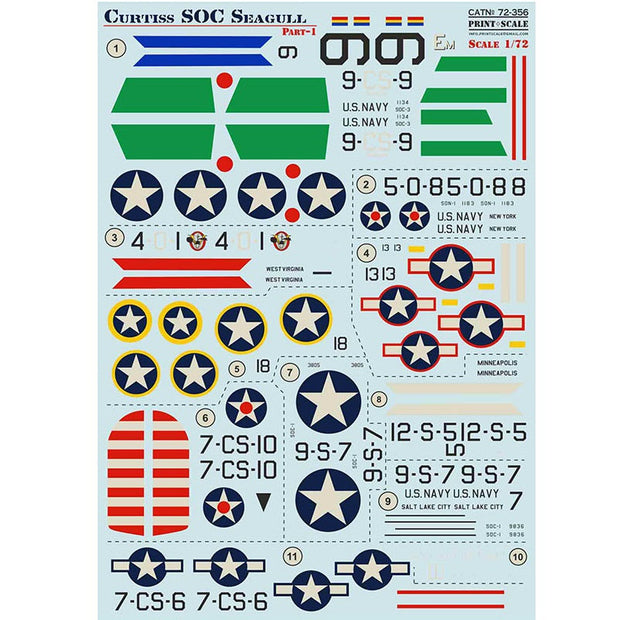 Print Scale 72-356 Decal Curtiss SOC Seagull Part 1 Scale 1:72 for Aircraft Plastic model kit