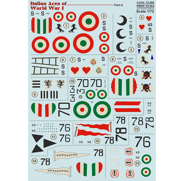 Print Scale 72-360 Decal Italian Aces of WW I. Part 3. SPAD. Scale 1:72 for Aircraft Plastic model kit