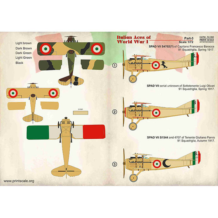 Print Scale 72-360 Decal Italian Aces of WW I. Part 3. SPAD. Scale 1:72 for Aircraft Plastic model kit