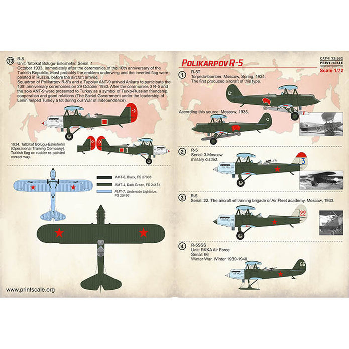 Print Scale 72-362 Decal Polikarpov R-5 Scale 1:72 for Aircraft Plastic model kit