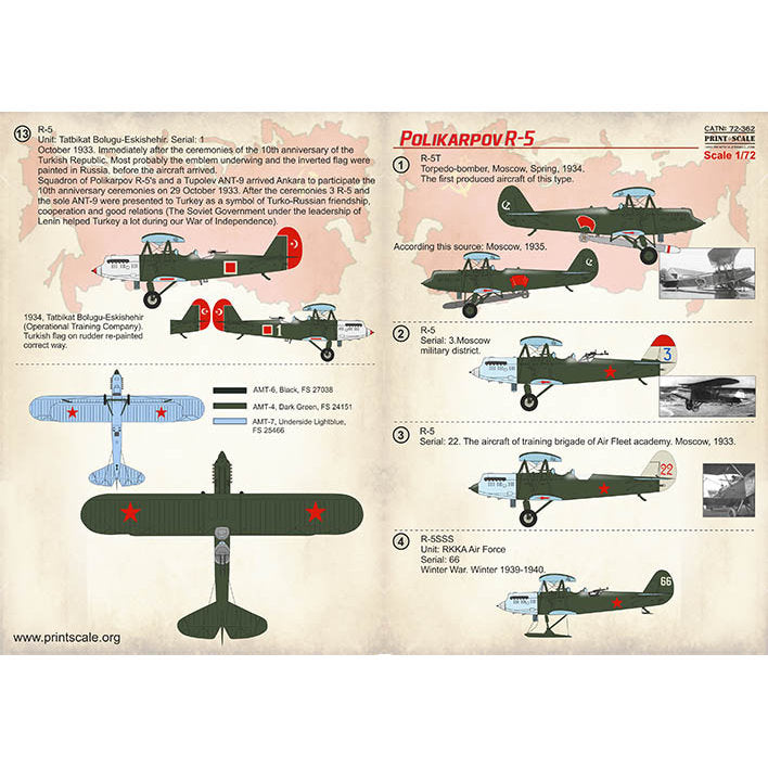 Print Scale 72-362 Decal Polikarpov R-5 Scale 1:72 for Aircraft Plastic model kit