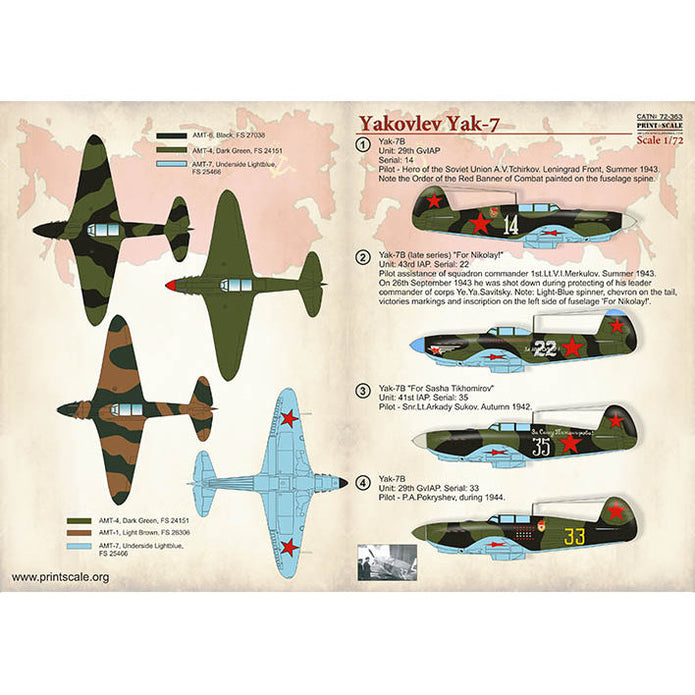 Print Scale 72-363 Decal Yakovlev Yak-7 Scale 1:72 for Aircraft Plastic model kit
