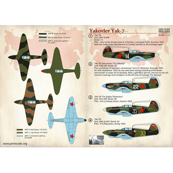 Print Scale 72-363 Decal Yakovlev Yak-7 Scale 1:72 for Aircraft Plastic model kit