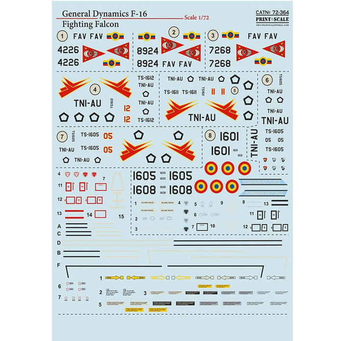 Print Scale 72-364 Decal 1:72 F-16 Fighting Falcon, Venezuela, Indonesia, Romania
