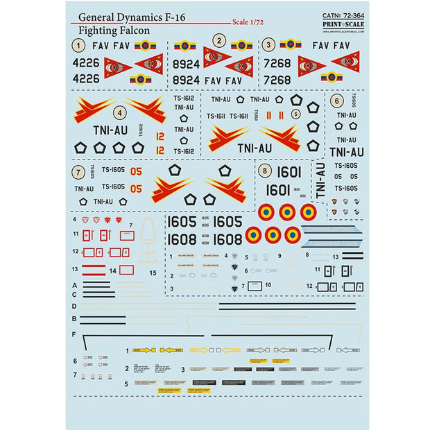 Print Scale 72-364 Decal 1:72 F-16 Fighting Falcon, Venezuela, Indonesia, Romania