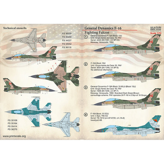 Print Scale 72-364 Decal 1:72 F-16 Fighting Falcon, Venezuela, Indonesia, Romania