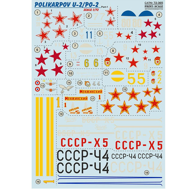 Print Scale 72-365 Decal Polikarpov U-2 Po-2 Part-1 Scale 1:72 for Aircraft Plastic model kit