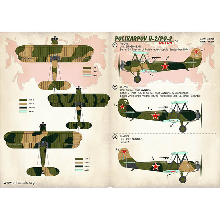Print Scale 72-365 Decal Polikarpov U-2 Po-2 Part-1 Scale 1:72 for Aircraft Plastic model kit