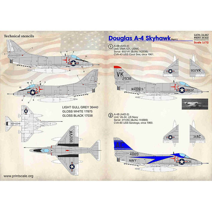 Print Scale 72-367 Decal 1:72 Douglas A4 Skyhawk, Part 1 In the complete set 1.5 sheets