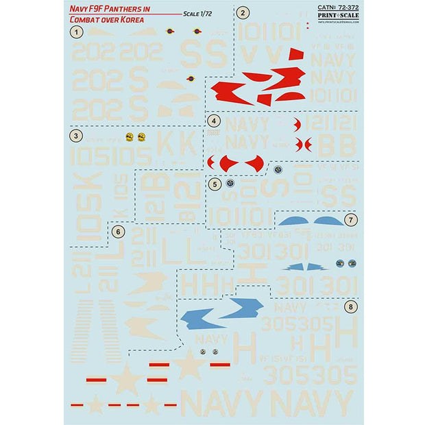 Print Scale 72-372 Decal Navy F9F-2 -3 Panthers in Combat over Korea Scale 1:72 for Aircraft Plastic model kit