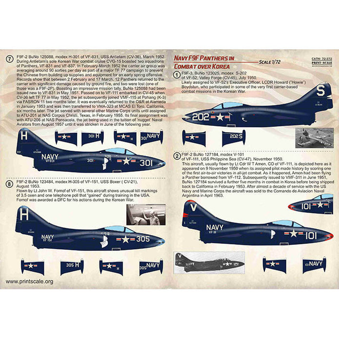 Print Scale 72-372 Decal Navy F9F-2 -3 Panthers in Combat over Korea Scale 1:72 for Aircraft Plastic model kit