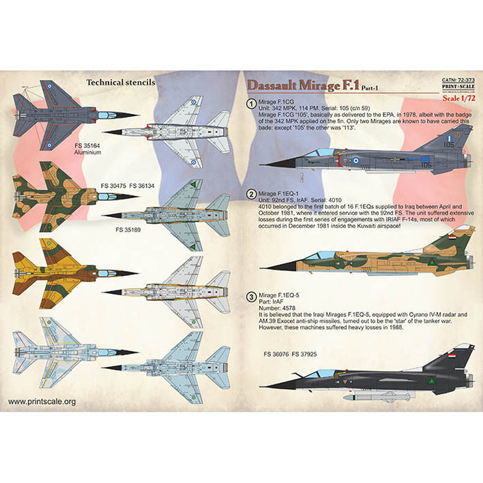 Print Scale 72-373 Decal Dassault Mirage F.1 Part-1 Scale 1:72 for Aircraft Plastic model kit