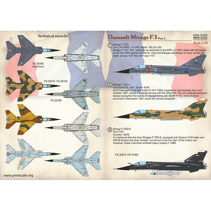 Print Scale 72-373 Decal Dassault Mirage F.1 Part-1 Scale 1:72 for Aircraft Plastic model kit