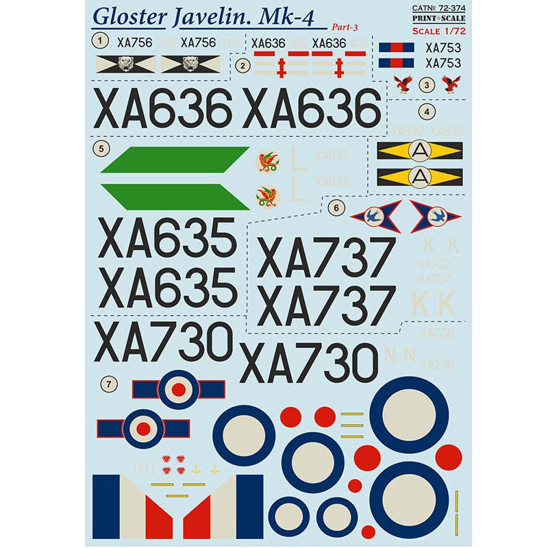 Print Scale 72-374 Decal Gloster Javelin Mk-4 Part 3 Scale 1:72 for Aircraft Plastic model kit
