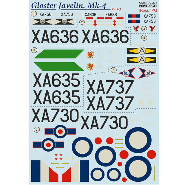Print Scale 72-374 Decal Gloster Javelin Mk-4 Part 3 Scale 1:72 for Aircraft Plastic model kit