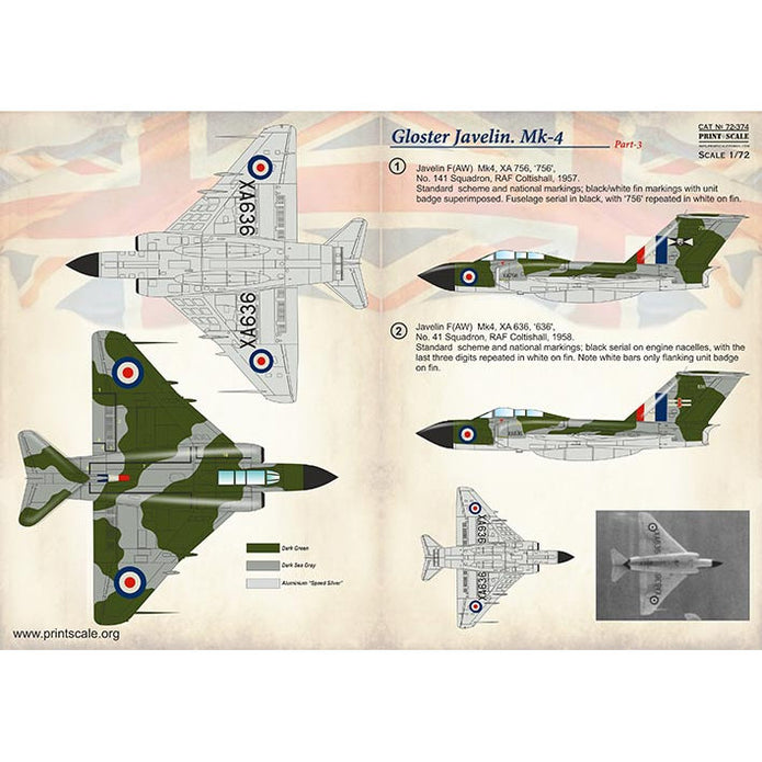 Print Scale 72-374 Decal Gloster Javelin Mk-4 Part 3 Scale 1:72 for Aircraft Plastic model kit