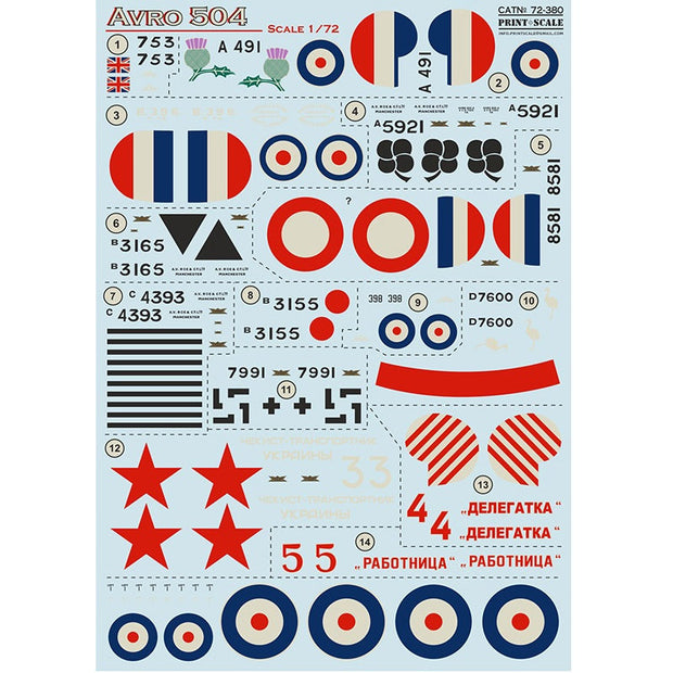 Print Scale 72-380 Decal Avro-504 Scale 1:72 for Aircraft Plastic model kit