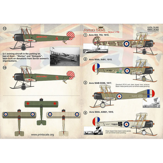 Print Scale 72-380 Decal Avro-504 Scale 1:72 for Aircraft Plastic model kit