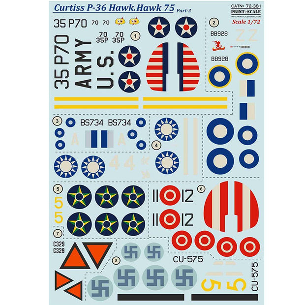 Print Scale 72-381 Decal Curtiss P-36 Hawk. Hawk 75 Part-2 Scale 1:72 for Aircraft Plastic model kit