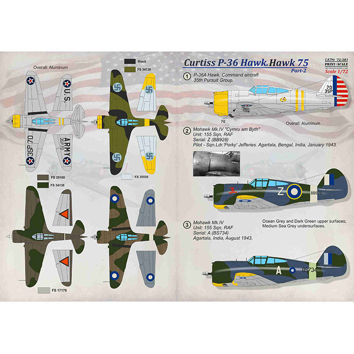Print Scale 72-381 Decal Curtiss P-36 Hawk. Hawk 75 Part-2 Scale 1:72 for Aircraft Plastic model kit