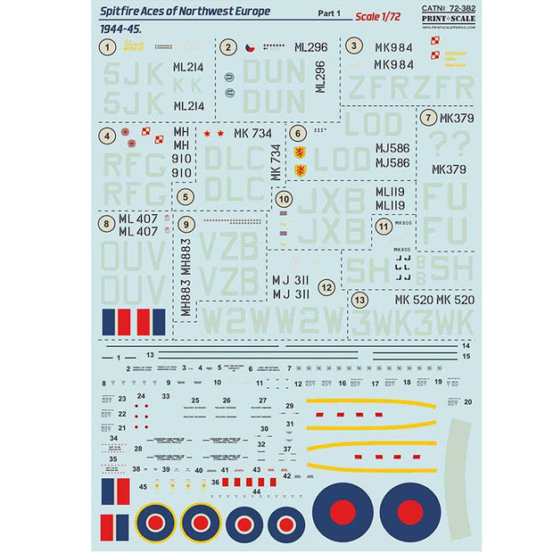 Print Scale 72-382 Decal Spitfire Top Pilots of Northwest Europe 1944-45 Part 1 Scale 1:72 for Aircraft Plastic model kit