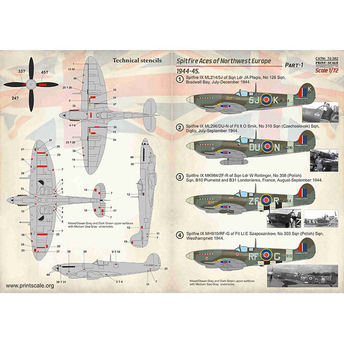 Print Scale 72-382 Decal Spitfire Aces of Northwest Europe 1944-45 Part 1 Scale 1:72 for Aircraft Plastic model kit