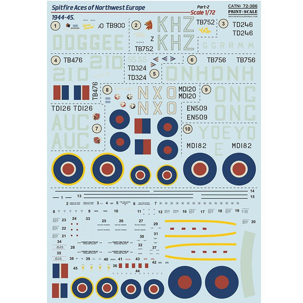Print Scale 72-386 Decal Spitfire Aces of Northwest Europe 1944-45 Part 2 Scale 1:72 for Aircraft Plastic model kit