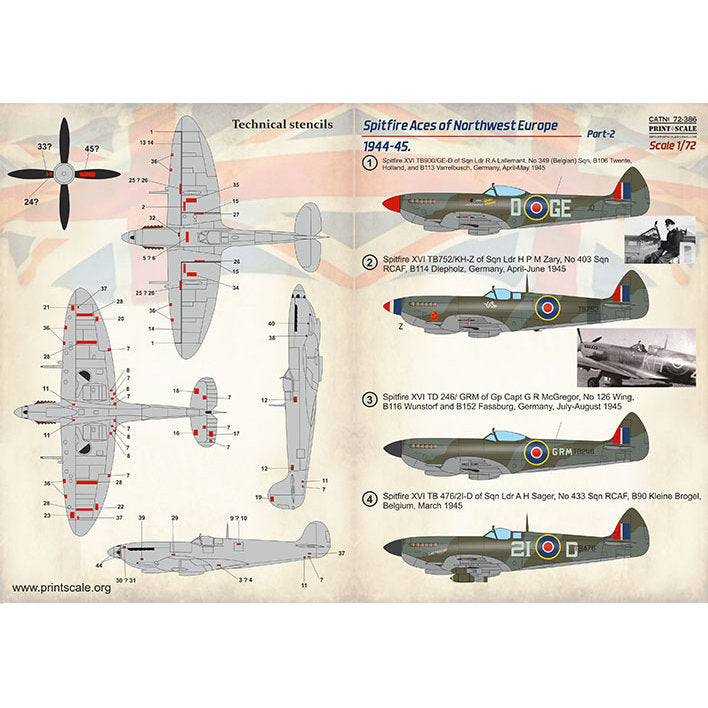 Print Scale 72-386 Decal Spitfire Aces of Northwest Europe 1944-45 Part 2 Scale 1:72 for Aircraft Plastic model kit
