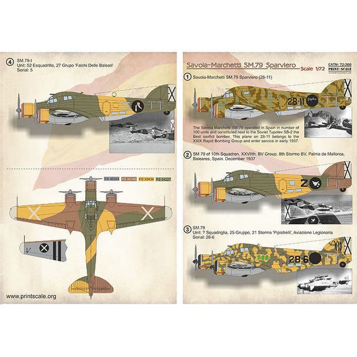 Print Scale 72-388 Decal SM-79 in the Spanish Civil War Scale 1:72 for Aircraft Plastic model kit