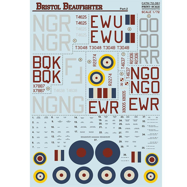 Print Scale 72-391 Decal Bristol Beaufighter Part 2 Scale 1:72 for Aircraft Plastic model kit