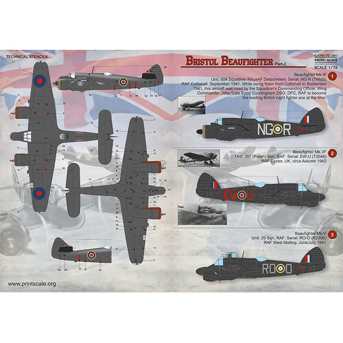 Print Scale 72-391 Decal Bristol Beaufighter Part 2 Scale 1:72 for Aircraft Plastic model kit