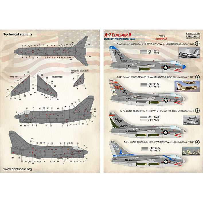 Print Scale 72-392 Decal 1:72 A-7 Corsair II, Part 3 + A-7 Corsair II technical stencils