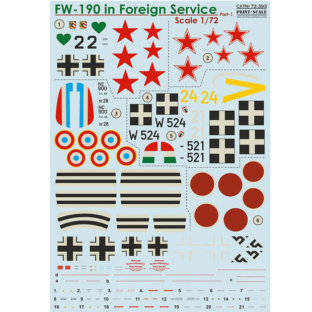 Print Scale 72-393 Decal FW-190 in Foreign Service Part 1 Scale 1:72 for Aircraft Plastic model kit