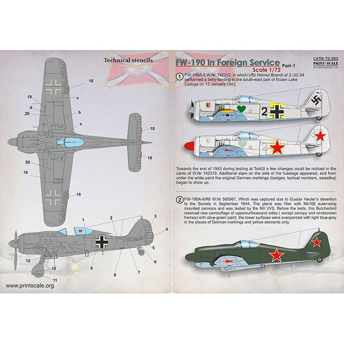 Print Scale 72-393 Decal FW-190 in Foreign Service Part 1 Scale 1:72 for Aircraft Plastic model kit